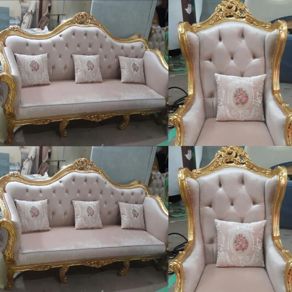 Classic gold-frame diamond-tufted sofa and wing chair